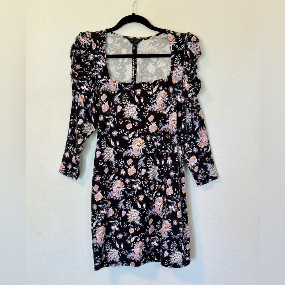 Ted Baker Dracena Square Neck Black Floral Printed Mini Dress- Size 2 (US 6) - Picture 3 of 10